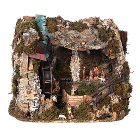 Krippenszenerie mit Wassermühle und Szene der Geburt Christi 30x35x25 cm