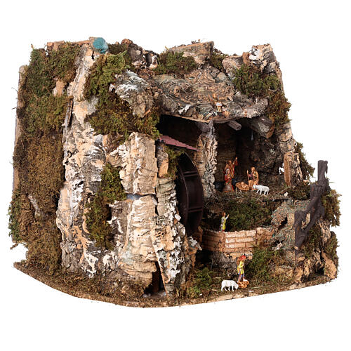 Krippenszenerie mit Wassermühle und Szene der Geburt Christi 30x35x25 cm 4