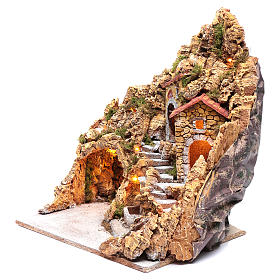 Presépio Napolitano: Cenário presépio Nápoles iluminado cabana e fontanário 47x40x30 cm