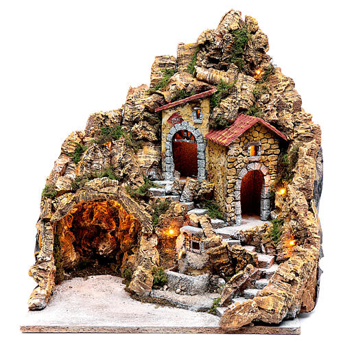 Illuminated Neapolitan nativity scene setting with hut and fountain 45X40X30 cm 1