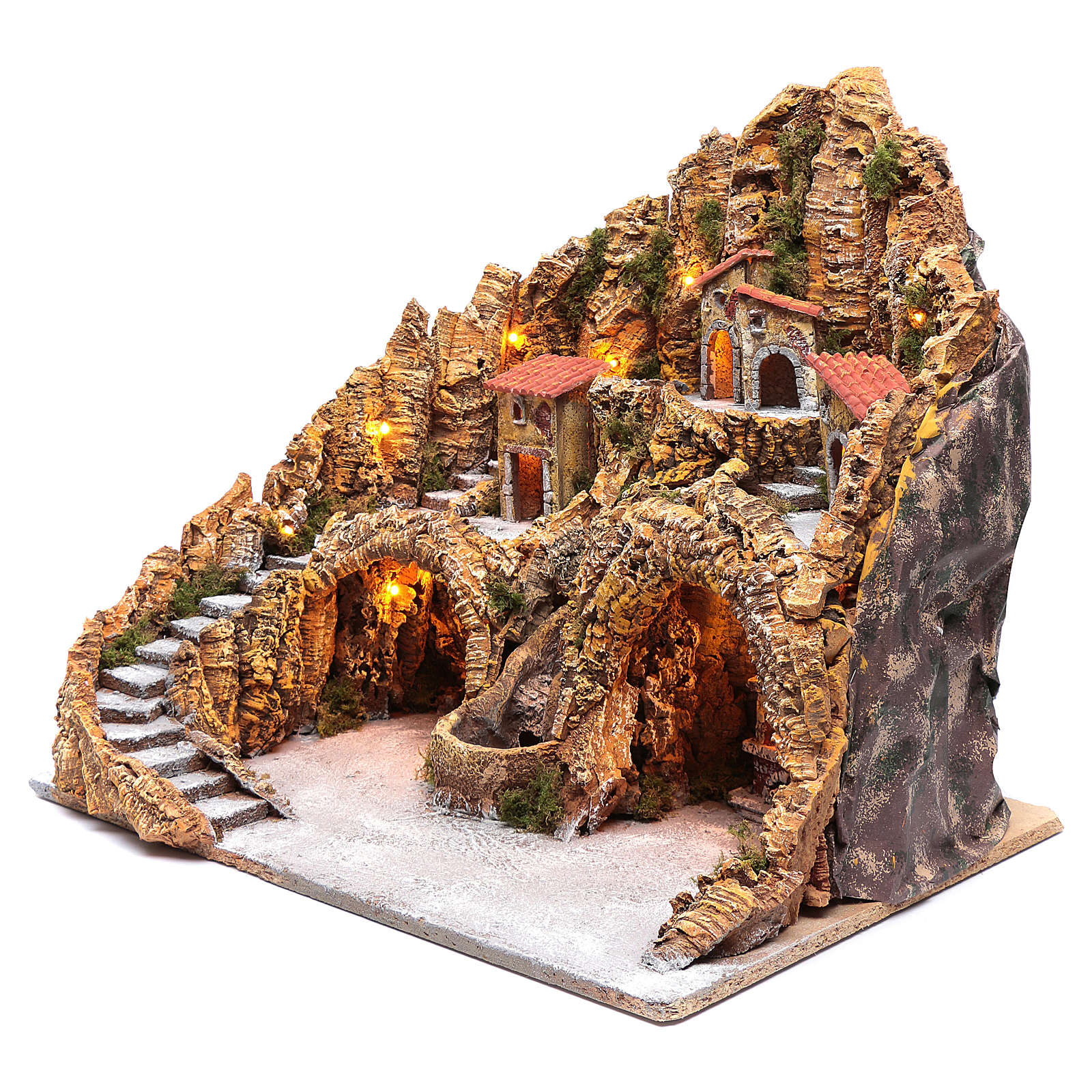 Holyart Scène Crèche Maisons Avec Rivière Et Lumières 20x20x15 Cm - Décor Pour Figurines 10-12 Cm