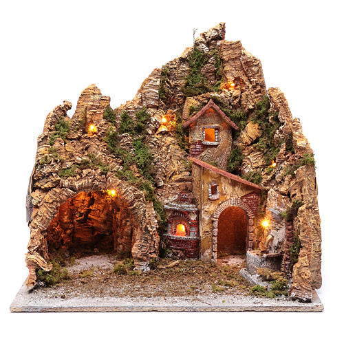 Neapolitan nativity scene setting with hut, fountain and oven 45X45X35 cm 1