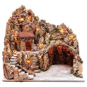 Neapolitan nativity scene setting with hut and fountain 50X40X40 cm