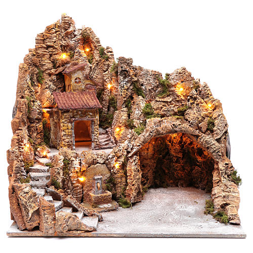 Neapolitan nativity scene setting with hut and fountain 50X40X40 cm 1