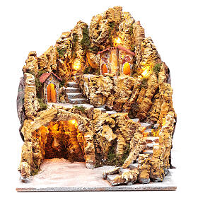 Otoczenie podświetlane stajenka sceny narodzin Jezusa i domy, 40x35x40 cm, szopka z Neapolu