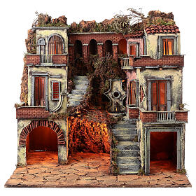 Palazzo stile 700 e lampioni presepe napoletano 85x80x60 cm