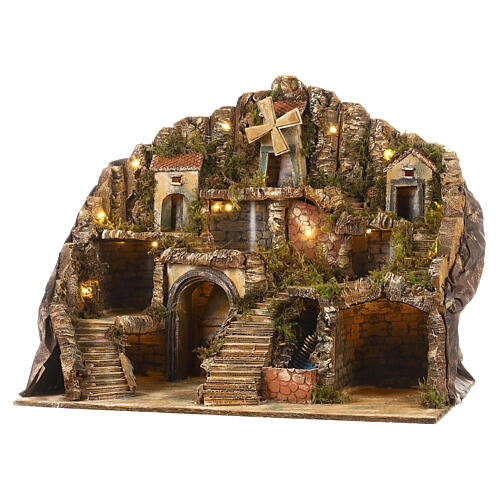 Neapolitan nativity scene setting with hut, stream and mill 55x70x60 cm 3