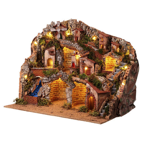 Neapolitan nativity scene setting with hut, stream and mill 55x70x60 cm 3