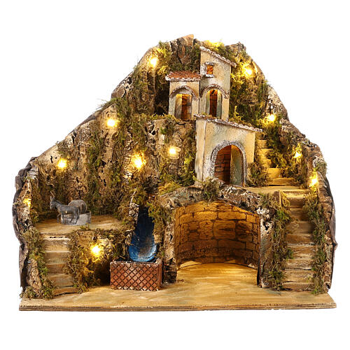 Neapolitan nativity scene setting with stream, cow and bell 50x55x45 cm 1