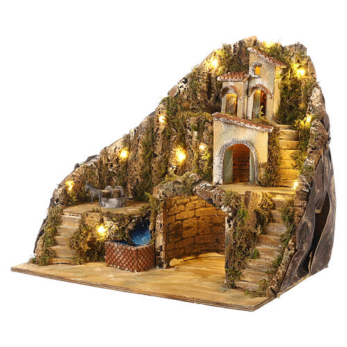 Neapolitan nativity scene setting with stream, cow and bell 50x55x45 cm 2