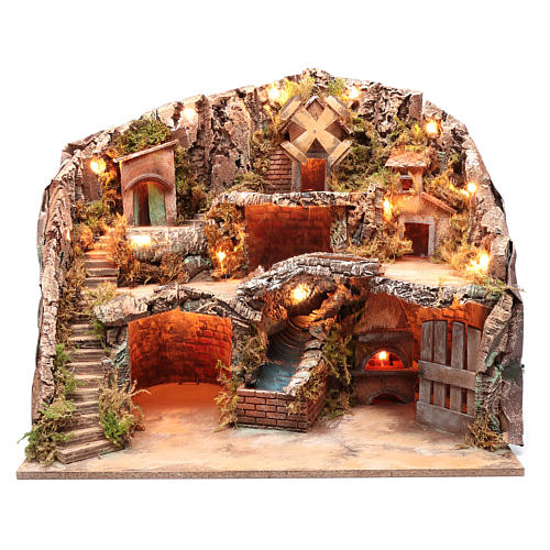 Neapolitan nativity scene setting with hut, stream and mill 1