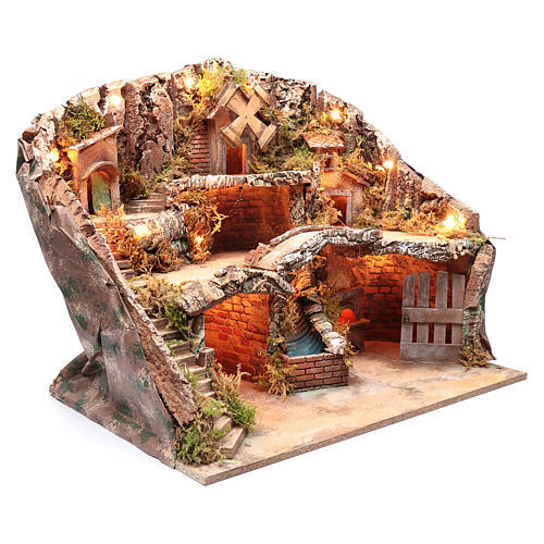 Neapolitan nativity scene setting with stable, river and wind mill 3