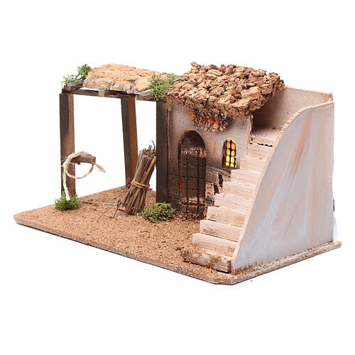 Casa iluminada com escada miniatura para presépio cortiça 14x26x15 cm 2