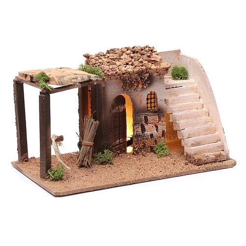 Casa iluminada com escada miniatura para presépio cortiça 14x26x15 cm 3