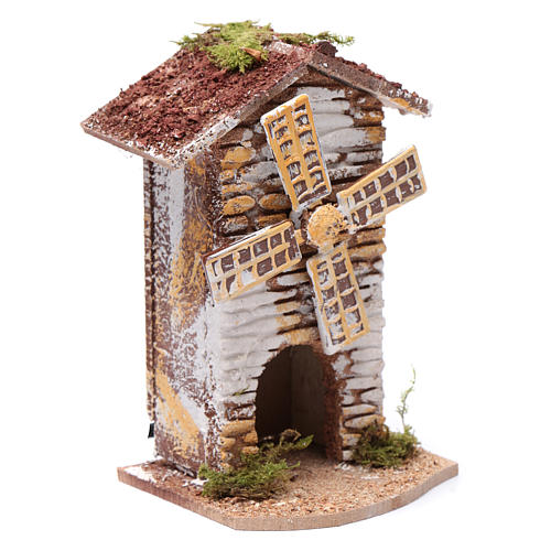 Moulin à vent liège électrique crèche 15x9,5x8 cm 3