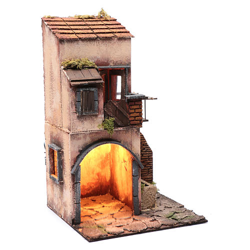 Nativity scene setting arched house with light and fountain 45x25x25 cm 3