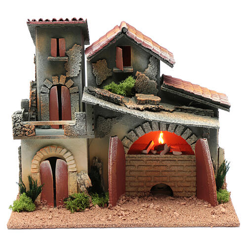 Casa em miniatura presépio com forno de lenha e luz chama 24,5x30x20 cm 1