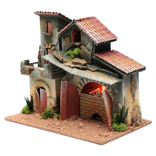 Casa em miniatura presépio com forno de lenha e luz chama 24,5x30x20 cm 2