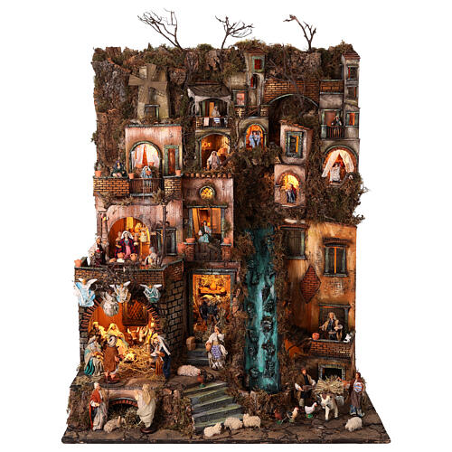 Bourgade crèche Naples mod. B 120x100x100 cm 7 mouvements 34 santons de 14 cm avec vrai ruisseau lumineux 1