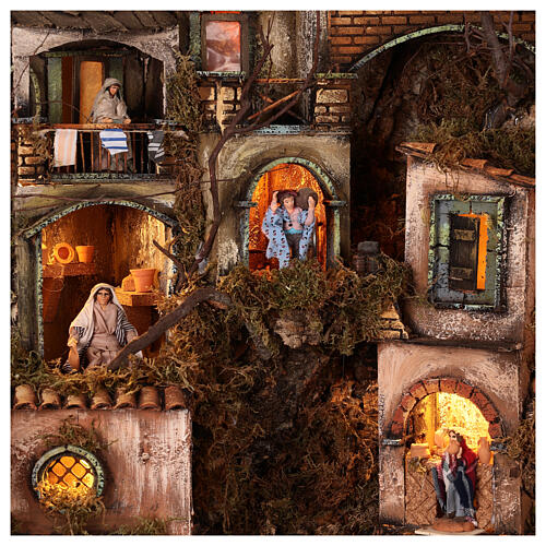 Bourgade crèche Naples mod. B 120x100x100 cm 7 mouvements 34 santons de 14 cm avec vrai ruisseau lumineux 6