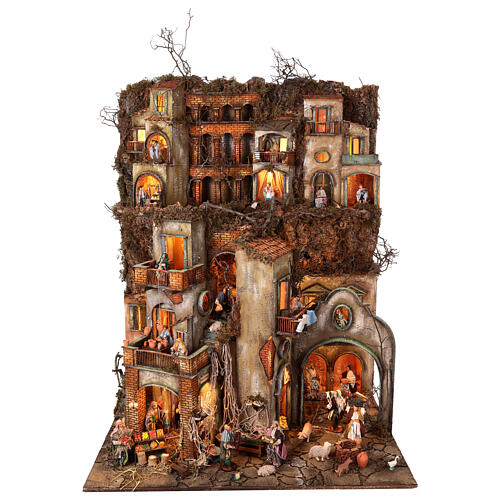 Village setting for Neapolitan Nativity scene 120x100x100 cm, module C, 34 shepherds, 9 movements - 14 cm 1