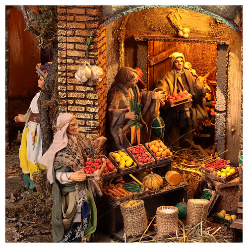 Village setting for Neapolitan Nativity scene 120x100x100 cm, module C, 34 shepherds, 9 movements - 14 cm 6