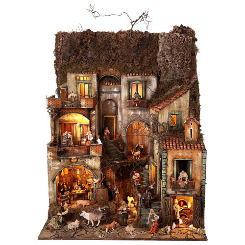 Village setting for Neapolitan Nativity scene 120x100x100 cm, module D, 25 shepherds, 3 movements - 14 cm 1