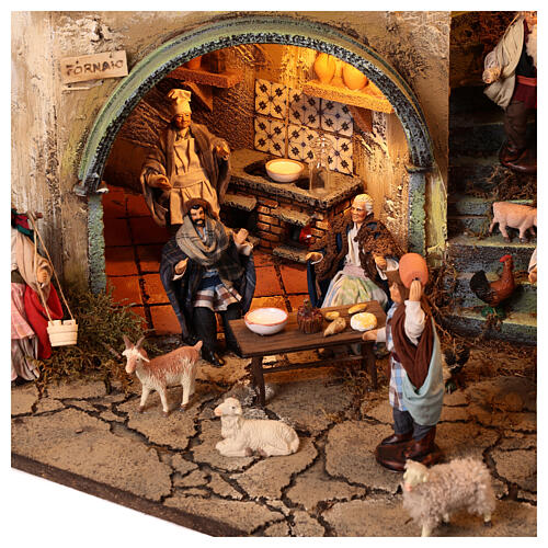 Village setting for Neapolitan Nativity scene 120x400x100 cm, 4 modules, 125 shepherds, 20 movements - 14 cm 5