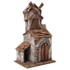 Windmill with small shack, double door and four sails for nativity scene 45x20x25 cm