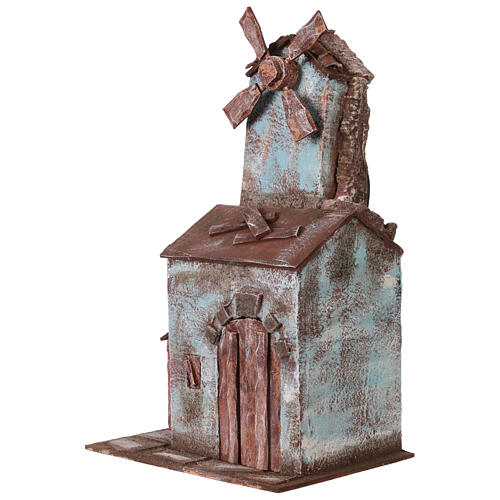Molino para belén cuatro hélices con casita con puerta con dos hojas y pala 45x20x25 cm 3