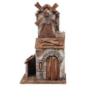 Moulin pour crèche quatre pales sur maison avec porte double 45x20x25 cm