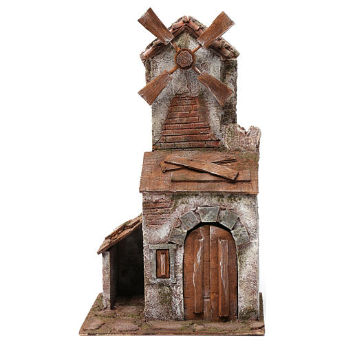 Moulin pour crèche quatre pales sur maison avec porte double 45x20x25 cm 1