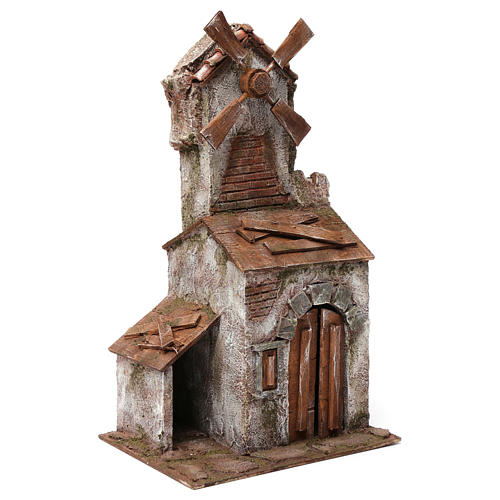 Moulin pour crèche quatre pales sur maison avec porte double 45x20x25 cm 2