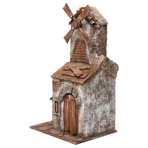 Moulin pour crèche quatre pales sur maison avec porte double 45x20x25 cm 3