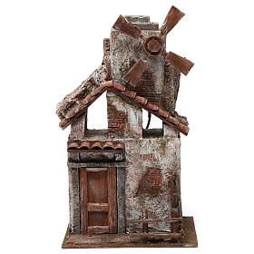 Moulin pour crèche quatre pales avec maison bois toit en tuiles 35x15x20 cm