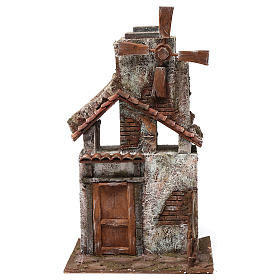 Moulin pour crèche quatre pales avec porte en bois toit en tuiles 45x20x25 cm
