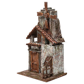 Moulin pour crèche quatre pales avec porte en bois toit en tuiles 45x20x25 cm