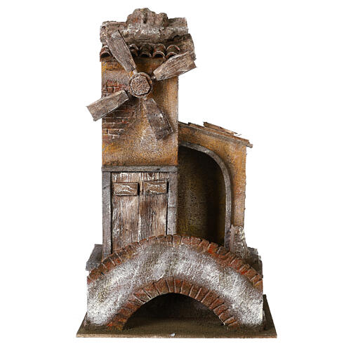 4 turbine Windmill for Nativity with wood door, tile roof and bridge with steps 45X20X25 cm 1