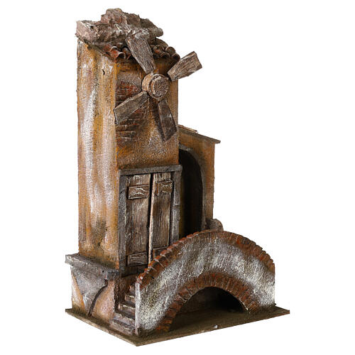 4 turbine Windmill for Nativity with wood door, tile roof and bridge with steps 45X20X25 cm 4
