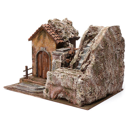 Watermill with small house, tiled roof and mountain side for nativity scene 45x35x45 cm 2