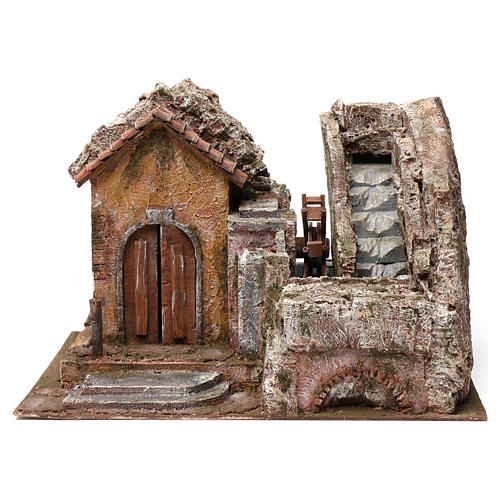 Water Mill for Nativity with Home on left and part of a Mountain on top with shingle roof 45X35X45 1
