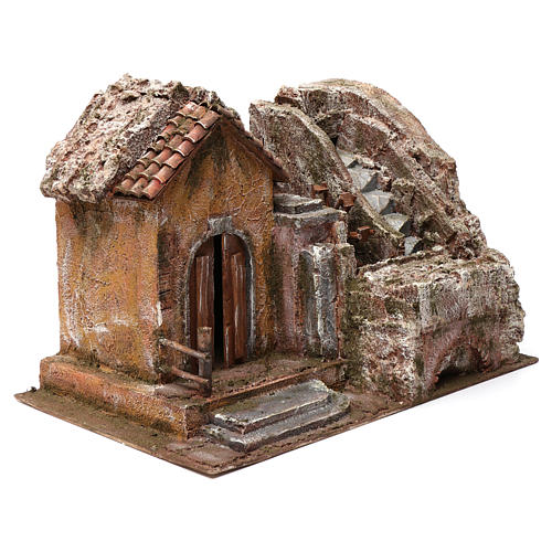 Water Mill for Nativity with Home on left and part of a Mountain on top with shingle roof 45X35X45 3