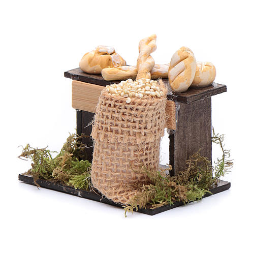 Mostrador con pan y saco de legumbres 5x5x5 cm belén napolitano 2