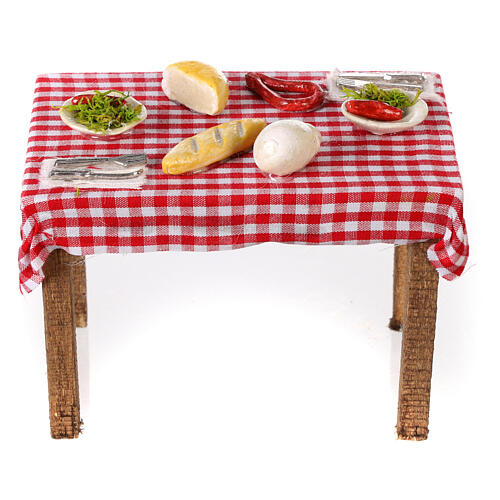 Neapolitan nativity scene table with food and chequed tablecloth 10x10x5 cm 1