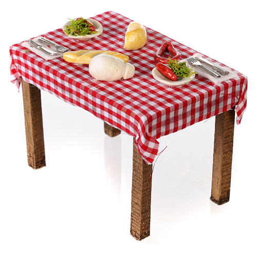 Neapolitan nativity scene table with food and chequed tablecloth 10x10x5 cm 2