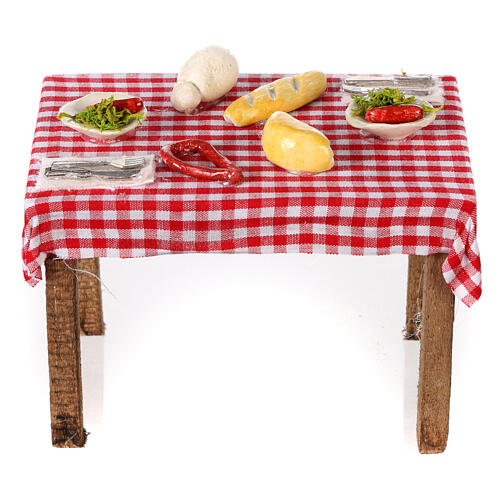 Neapolitan nativity scene table with food and chequed tablecloth 10x10x5 cm 4