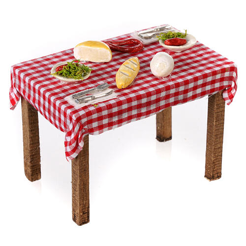 Mesa con mantel a cuadros y comida 10x10x5 cm belén napolitano 3