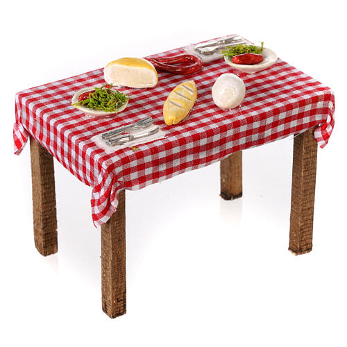 Neapolitan nativity scene table with food and chequed tablecloth 10x10x5 cm 3