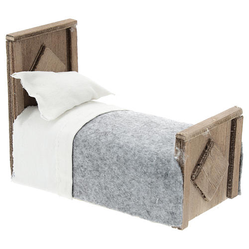 Bett aus Holz mit Laken und Überwurf aus Stoff für 15 cm Krippe 3