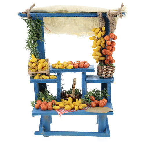 Estande azul frutos estilo napolitano para presépio com figuras de 13 cm de altura média 1